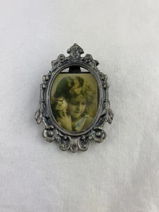 Vintage Miniature Silver Tone Picture Frame Brooch Pin Oval Scroll Pin Back - Picture 1 of 5