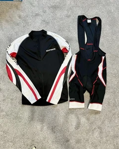 Scattante Cycling Bib Padded Shorts w/ Long Sleeve Jersey Black Red White Medium - Picture 1 of 16