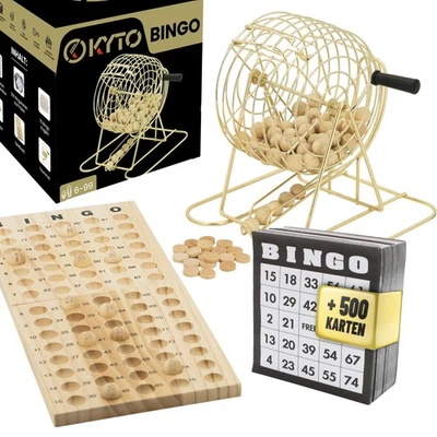 Bingo Spiel erwachsene Gold Bingo Trommel Metall Holz + 500 Bingokarten Party - Bild 1 von 4