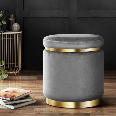 Round Charcoal Velvet Ottoman Plush Foot Stool Pouffe Living Room Artiss - image 1 of 4