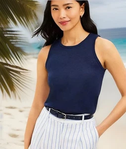 NWT LOFT Linen Blend Racerback Navy Tank Top Sz Medium Perfect Under Top 4 Work - Picture 1 of 8