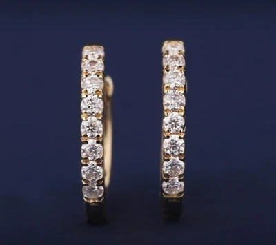 Moissanite Huggie Hoop Earrings 0.75 CT Round Cut Solid 14K Yellow Gold For Her - Image 1 of 4