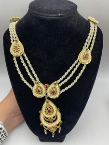 Vintage Indian Bridal Jewelry Set Necklace Earrings Gold Tone Pearls Box - Picture 1 of 13