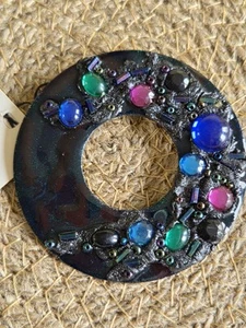 Vintage La Rage Black Enamel Multicolor Stones Brooch Pin Brutalist Style 2.5" - Picture 1 of 14