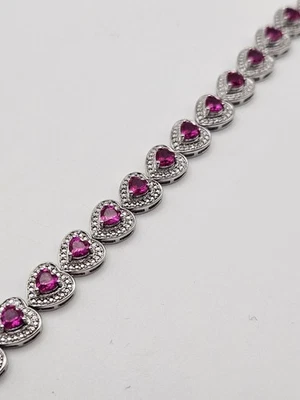 Pulsera de plata de ley 925 con corazón de zafiro rosa talla 7,25 Foto 1 de 4