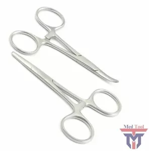 New 2pc Set 3.5" Straight + Curved Hemostat Forceps Locking Clamps Stainless - Picture 1 of 2