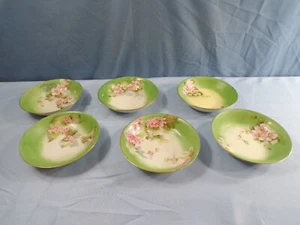 Set of 6 Vintage Haviland Berry Fruit Sauce Bowls - Green w/ Pink Floral Designs - Picture 1 of 11