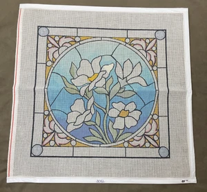 Handpainted Needlepoint Canvas Floral Stained Glass 14x14 Partially Started - Picture 1 of 7