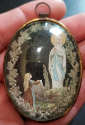 RELIGION - Reliquaire / Ex voto ancien Verre decoupis métal Vierge Marie SUPERBE - Photo 1/3