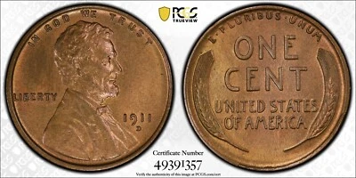 1911-D Unc Lincoln Cent ~ PCGS MS65RB ~ TrueView! - Image 1 of 4