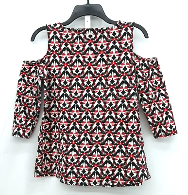 Chicos Shirt Womens Size 0 White Black Red High Heel Print Cold Shoulder Blouse - Image 1 of 4