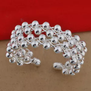 Womens 925 Sterling Silver Beads Ball Bangle Cuff Fashion Bracelet #B177 - Picture 1 of 3
