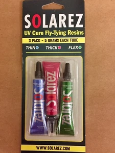 (3) SOLAREZ UV-HÄRTENDE HARZE ZUM FLIEGENBINDEN. DÜNN, DICK & FLEXIBEL. 3er PACK KLEINRÖHRCHEN - Bild 1 von 1