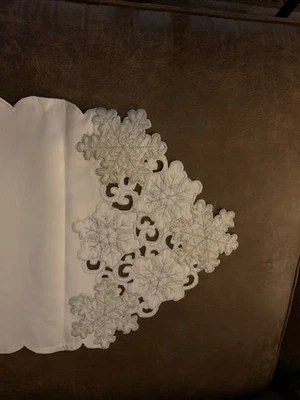 Christmas Table Runner  12”x70” White And Silver Snowflakes Embroidery  - Image 1 of 4