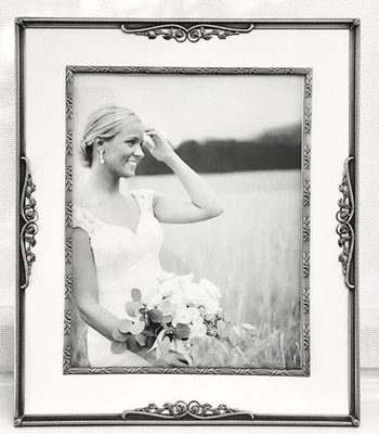 Vintage Burnes Of Boston Pewter Silver & White Floral Scroll 8x10 Photo Frame - Image 1 of 4