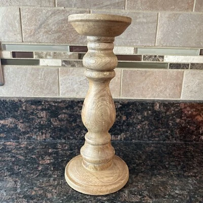 Pier 1 One Wood Turned 11” Tall Single Candlestick Holder For Pillar 3" Decor - Image 1 of 4