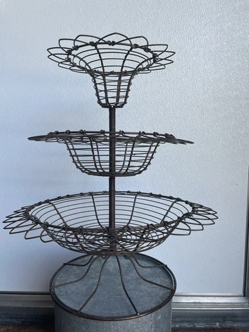 Antique French 3 tier wire hand made basket scallop edges collapse 19th Century Cover