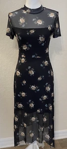 Womens Dark Floral Mesh Midi Dress Size S Asymmetric Hem Sheer Whimsigoth Fairy - Picture 1 of 7