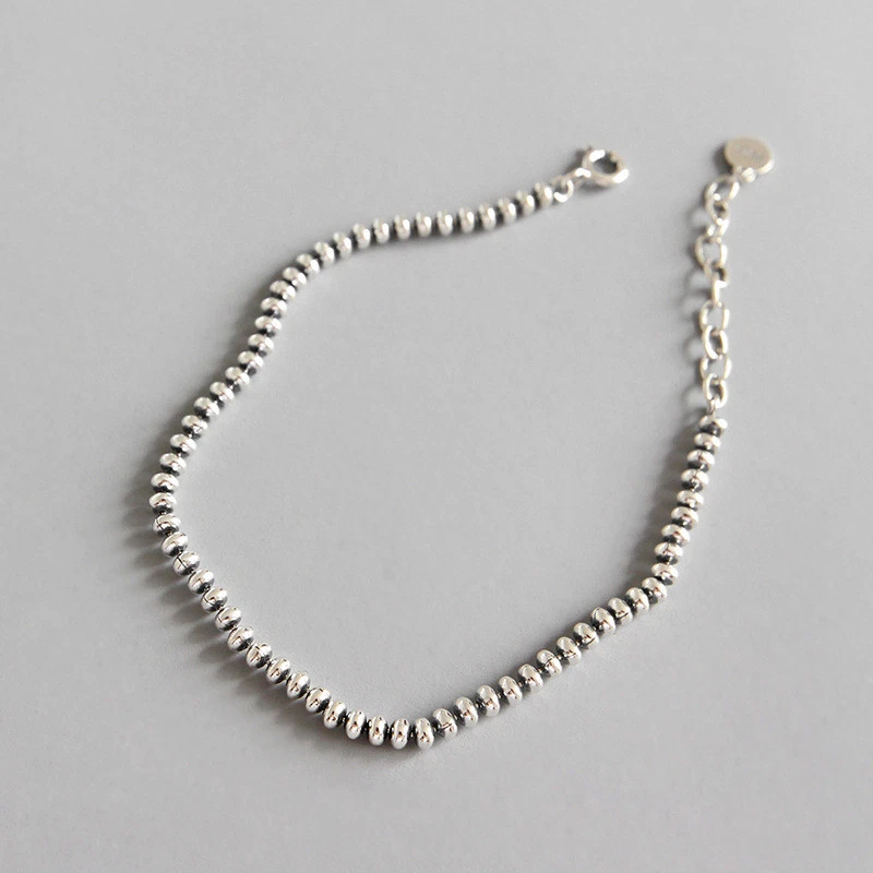 3mm Womens Genuine S925 Sterling Silver Flat Bead Chain Bracelet Retro 7.28'' - Image 1 of 4