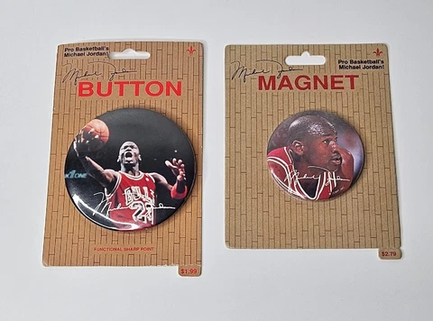 Michael Jordan Magnet and Button Vintage NBA Chicago Bulls 1990s Set Pair NOS Cover