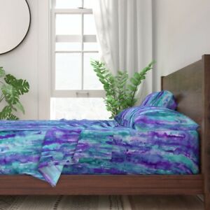 Watercolor Stripes Purple Teal 100% Cotton Sateen Sheet Set by Spoonflower
