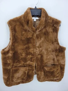 Roamans Vest Womens 16W Brown Faux Fur Boho Mock Neck Pockets Dressy Mock Neck - Picture 1 of 8