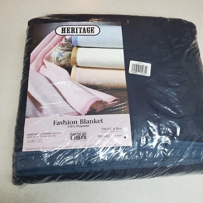 NOS HERITAGE Fashion Blanket NAVY BLUE Queen King Sz 102 x 90" Nylon Trim USA - Image 1 of 4