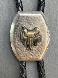 Vintage Bolo Tie Sattel silberfarben schwarz Lederband Country Western Wear - Bild 1 von 8