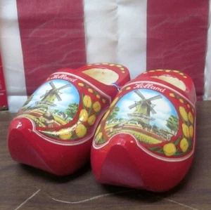 WOODEN SHOES vtg Dutch miniature carved clogs from Holland painted windmill - Picture 1 of 4