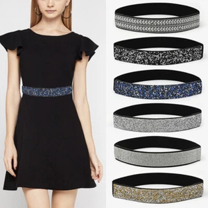 Womens Full Diamante Rhinestone Belt Wide Stretch Waist Ladies Dress Waistband - Picture 1 of 19