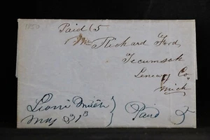 Michigan: Leoni 1850 Stampless Cover, Blue Ms & Paid 5, DPO Jackson Co - Picture 1 of 3