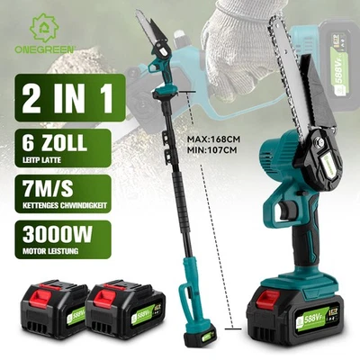 ONEGREEN 2IN1 6Zoll Mini Akku Kettensäge Motorsäge Hochentaster Astkettensäge mit 2 Akkus