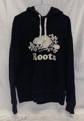 Sudadera con Capucha Pullover Roots Canada Logo Castor Negra Blanca Bolsillo Grande Foto 1 de 4