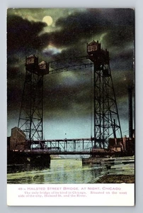 Chicago IL-Illinois, Halsted Street Bridge bei Nacht, alte Postkarte - Bild 1 von 2