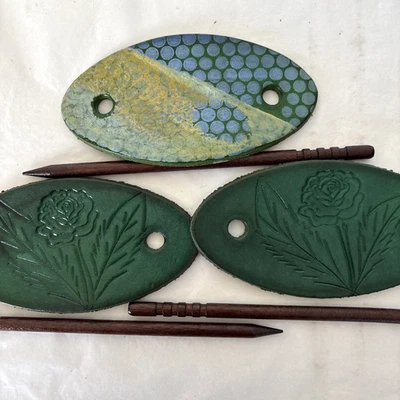 3 Vintage Leather Hair Slide Stick Barrettes Hand Tooled Green Floral - Image 1 of 4