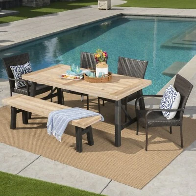 Porto Outdoor 6 Piece Acacia Wood Dining Set with Wicker Stacking Chairs - Image 1 of 4