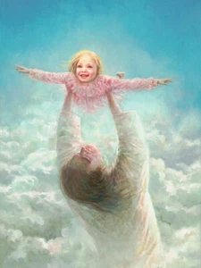 Yongsung Kim ARMS OF FAITH Canvas Jesus Holding a Little Girl Flying in Clouds - Picture 1 of 1