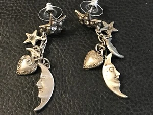 Sterling Silver Post Celestial Charm Earrings Star Crescent Moon Heart Dangles - Picture 1 of 11