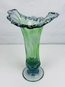 Vintage Blown Swung Vase Blue Green Ombré 11” Ruffled Flower Petal Edge Pedestal - Picture 1 of 10