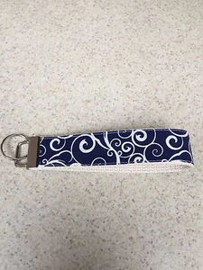 Key Ring Fob - Wristlet Style - Nickel Hardware - Blue with Ivory Swirls - SALE - Picture 1 of 1