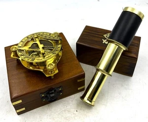 Set of 2 Brass sundial compass with Mini Telescope Wood box Combo pack - Picture 1 of 7
