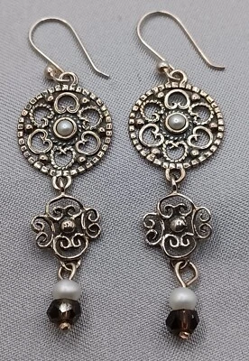Shube Sterling Silver Pearl Earrings Filigree Dangle Smoky Quartz 2.5" - Image 1 of 4