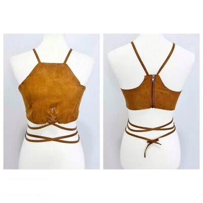 Brown Suede Strappy Zip Up Racerback Crop Top Tank Women’s Various Sizes - Image 1 of 4