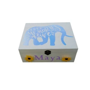Wooden Memory Box New Baby Gifts Elephant Personalised Gift Box Sunflower - Picture 1 of 8