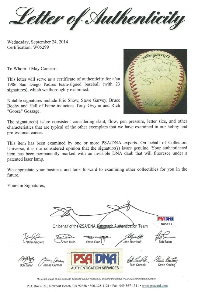 1986 Padres Team 23x Signed Baseball PSA/DNA LOA Tony Gwynn Eric Show Autograph - Image 1 of 4