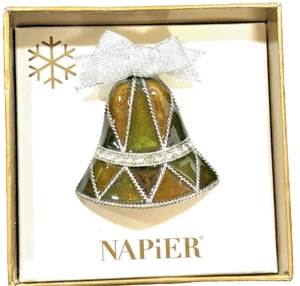 NUEVO DE COLECCIÓN NAPIER NAVIDAD ESMALTE VERDE ESTRÁS CAMPANA PIN TONO PLATEADO - Imagen 1 de 4