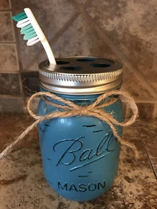 Mason Jar TOOTHBRUSH Holder Ball Canning Pint HANDMADE Blue Gray Tan Brown Cream - Picture 1 of 14