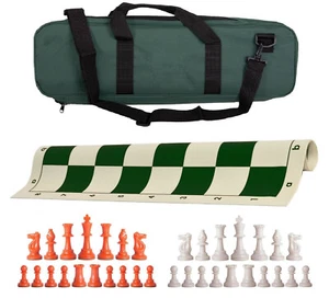 Grünes Deluxe gewichtetes Schachset - Vinylbrett, Tasche mit orange & weißen Stücken - Bild 1 von 5