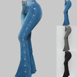 Womens Skinny High Waist Flared Jeans Ladies Stretchy Denim Bell Pants Trousers - Picture 1 of 16
