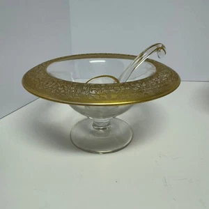 Vtg Glass Gold Encrusted Etched Border Rolled Edge & Flowers -Mayo/Compote Bowl - Picture 1 of 9